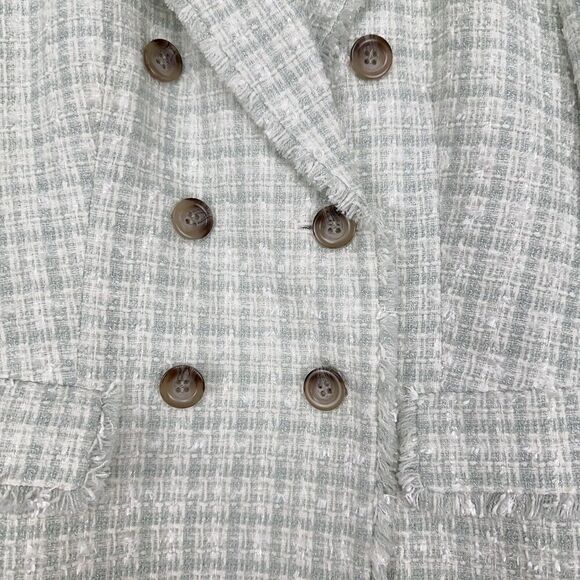 Ann Taylor Double Breasted Blazer Jacket Size 0 Plaid Seafoam Green Tweed Fringe - Picture 5 of 16